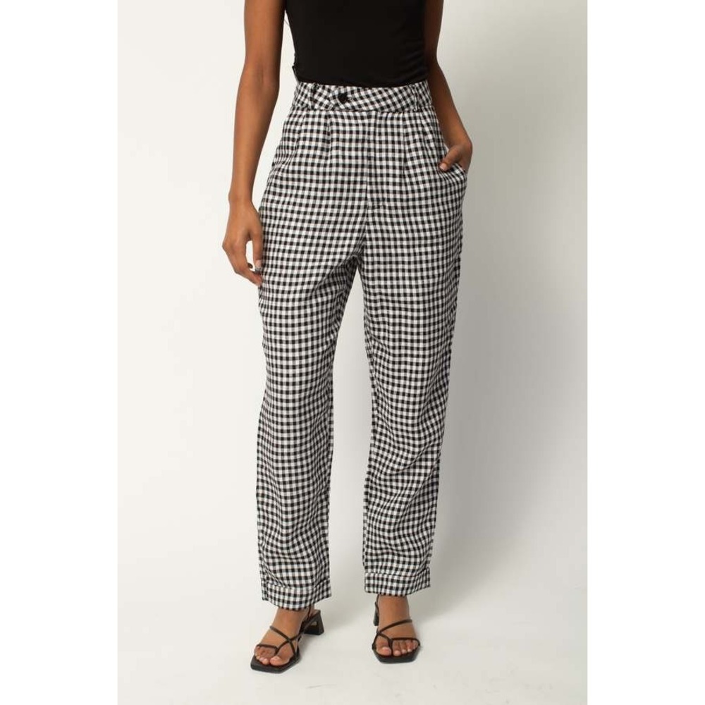 Reformation Black & White Gingham Linen Wide‎ Leg High Rise Trousers Size 2